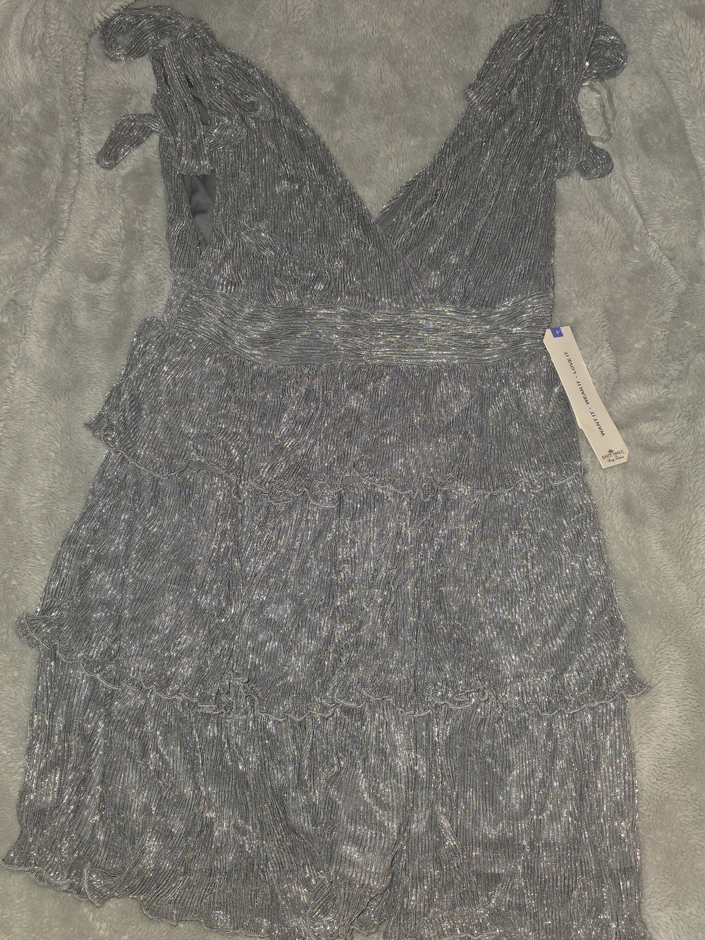 Almost Famous Silver Tiered V-Neck Metallic Dress